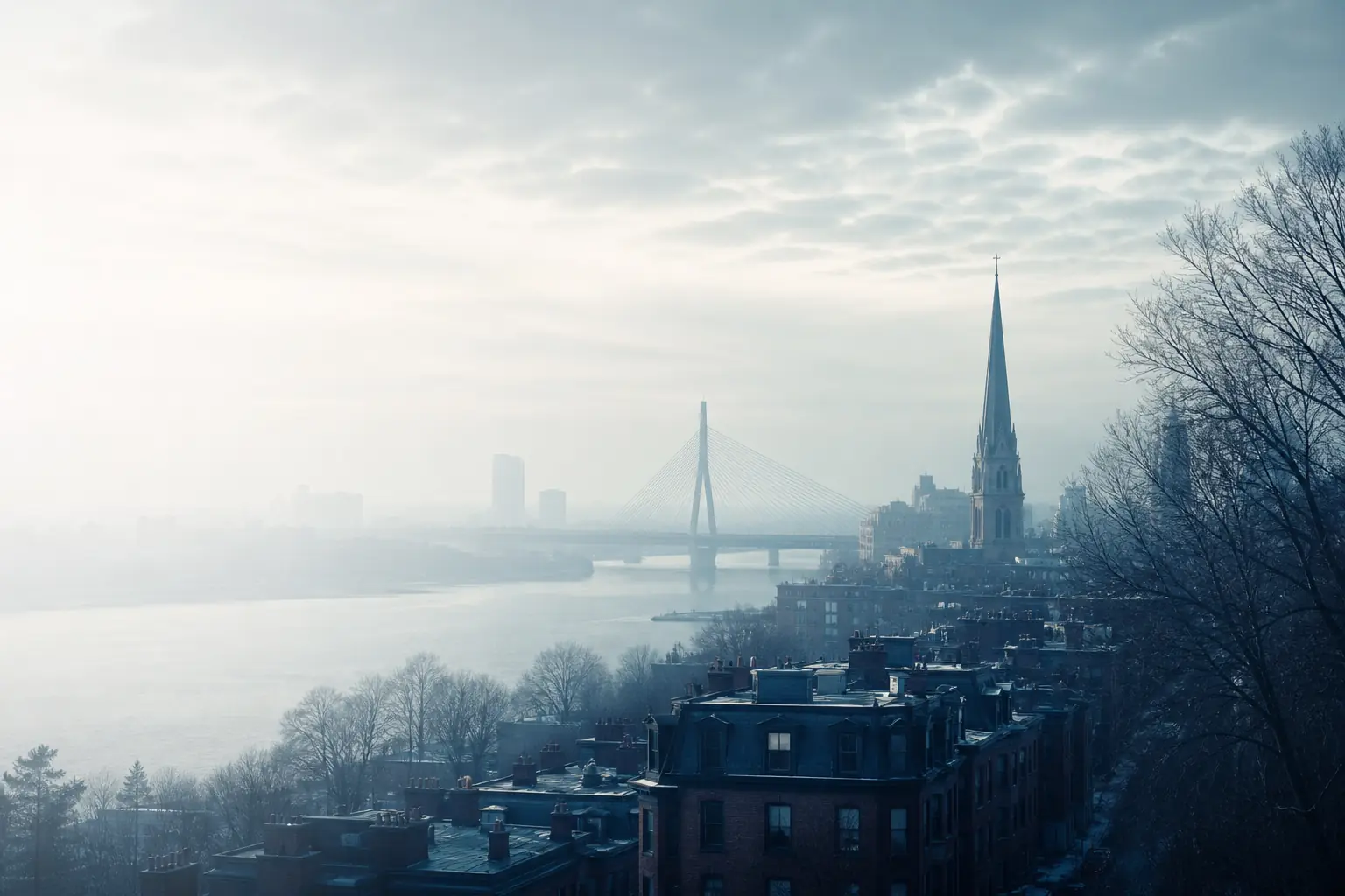 Back Bay rooftops, a church spire and the Charles River basin in Boston, Massachusetts